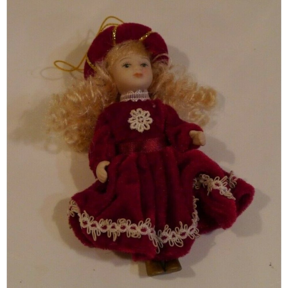 Miniature Porcelain Doll 5.25" tall Red Dress & Hat Golden Locks Ornament Hanger